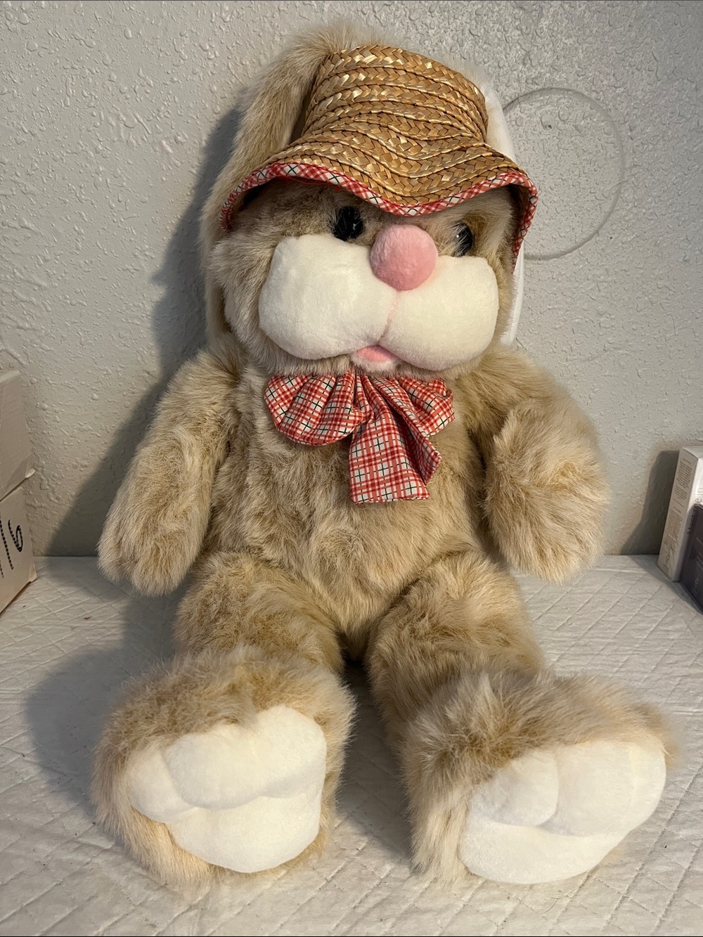 jcpenney Plush Light Brown Bunny with Straw Hat and Red Plaid Bow